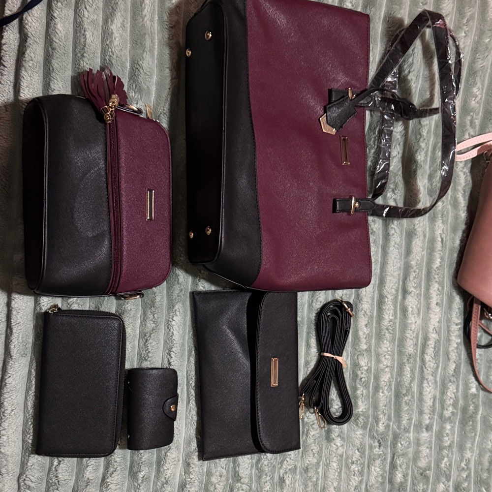 Elegant Burgundy and Black Women's Bag Set